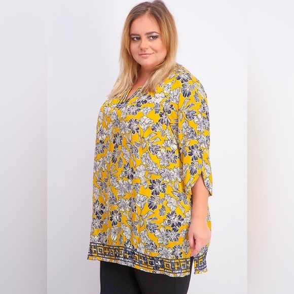Magnolia Grace Womens Size 1X Mustard & Blue Floral Tunic Top Embroidered Trim - Picture 2 of 11